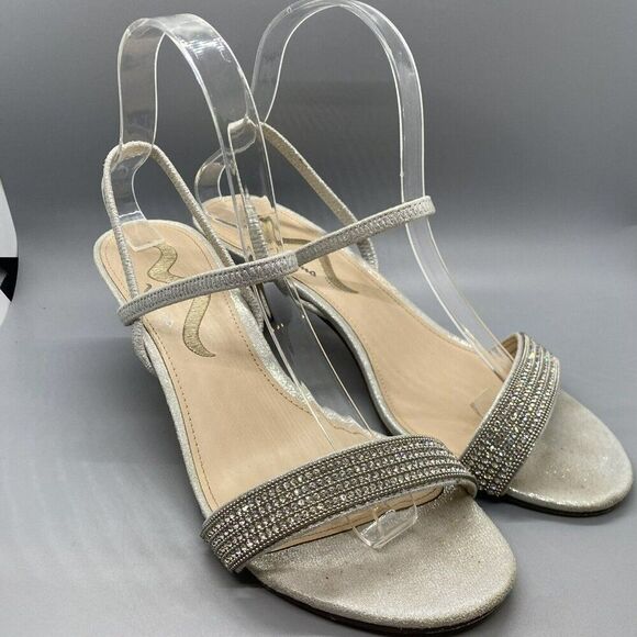 Nina 8.5M Strappy Silver‎ Open Toe Heels Sandals Rhinestones Special Occasion - Picture 1 of 7